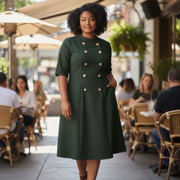 Eloquii Dresses & Skirts - Eloquii Mock Neck Military Midi Dress Black Gold Buttons A-line Classy Size 16